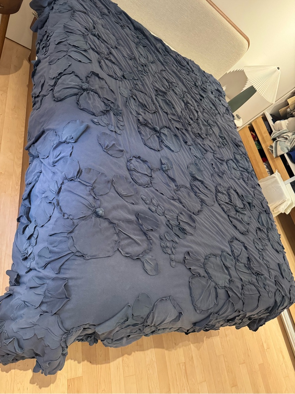 Anthropologie Navy Blue Ruffled Floral Quilt + Two Lumbar Pillow Covers